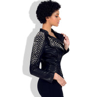 Women's locomotive shrug rivet slim-fit lapel leather jacket