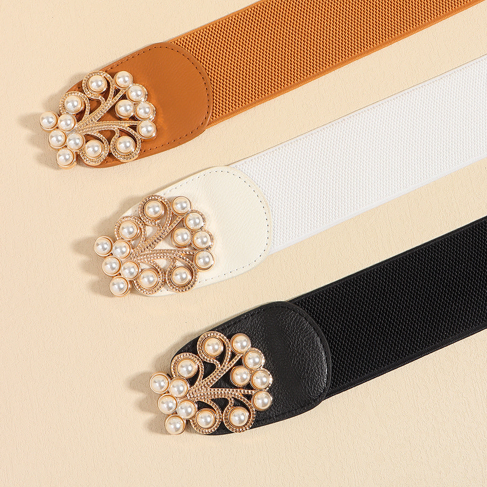 Elegant Ladies Elastic Wide Belt Pearl Metal Buckle Elastic Belt Suit Jacket Dress Multi-colored Belt