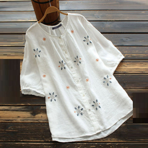 European And American Embroidered Crew Neck Button Short Sleeve - Chic Angle