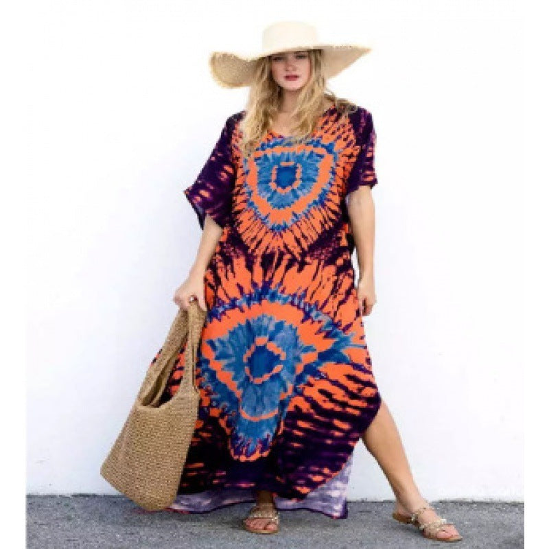 Rayon Printed Blooming Loose Vacation Robe Beach Dress Bikini Sun Protection Shirt