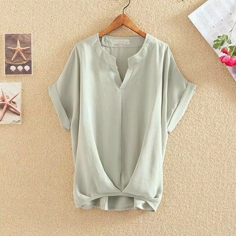 Solid Color And V-neck Batwing Sleeve Top Loose Slimming Cotton And Linen Shirt