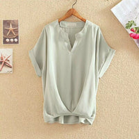 Solid Color And V-neck Batwing Sleeve Top Loose Slimming Cotton And Linen Shirt