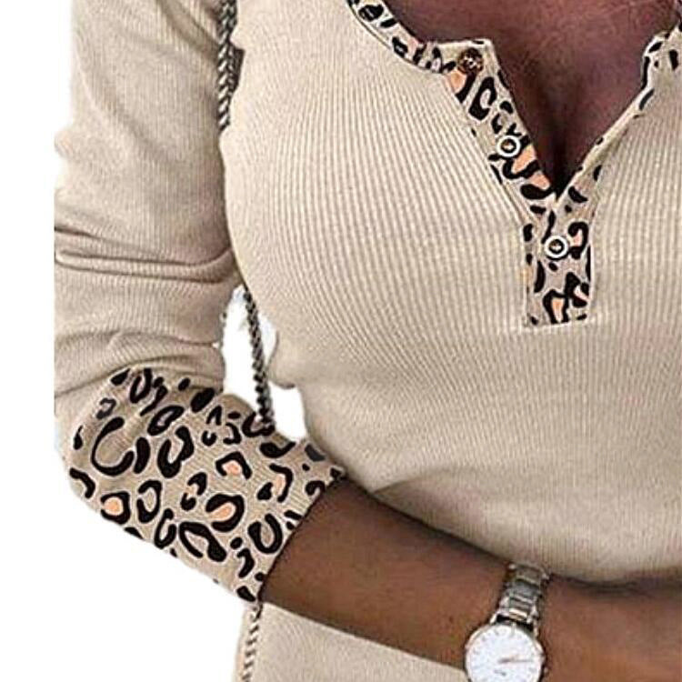 Leopard Splicing V-neck Buttons Top Sexy Slim Fit T-shirt
