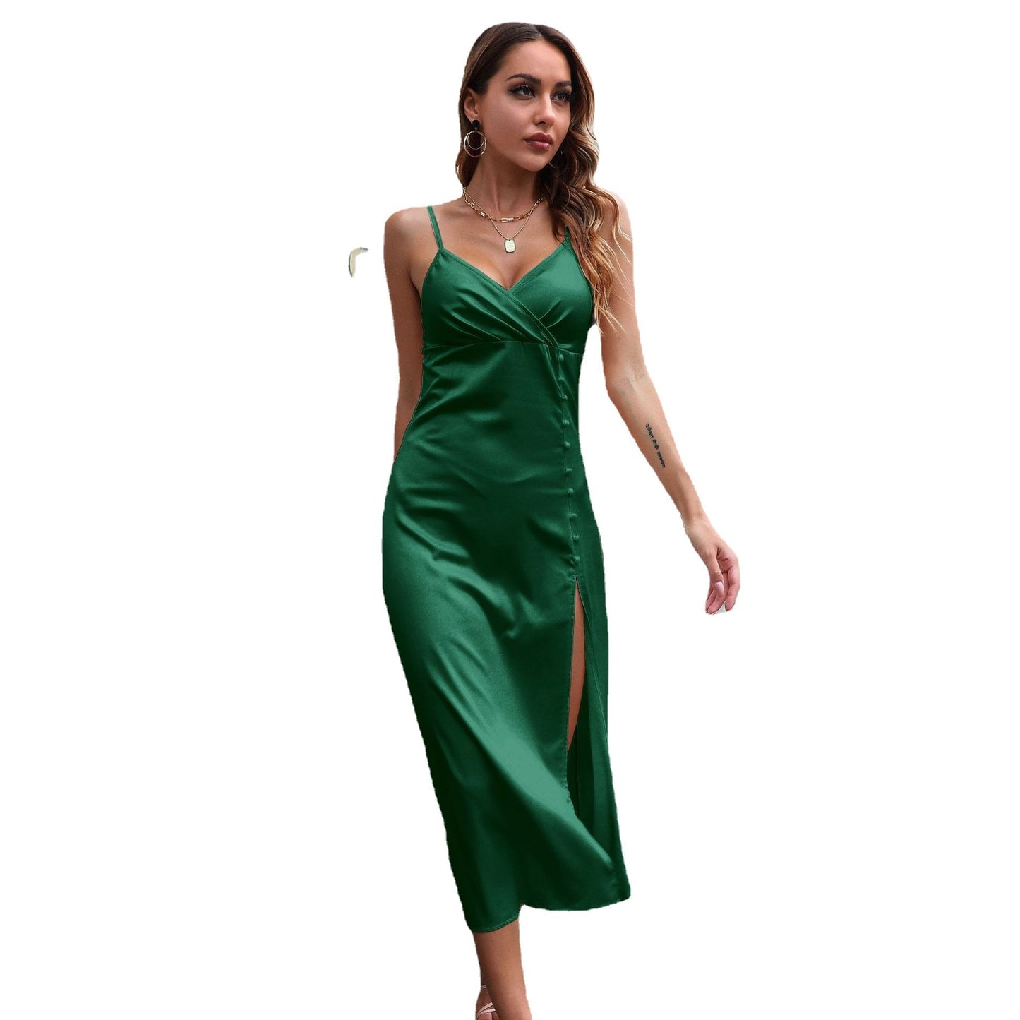 Women's Breasted Satin V-neck Backless Midi Dress