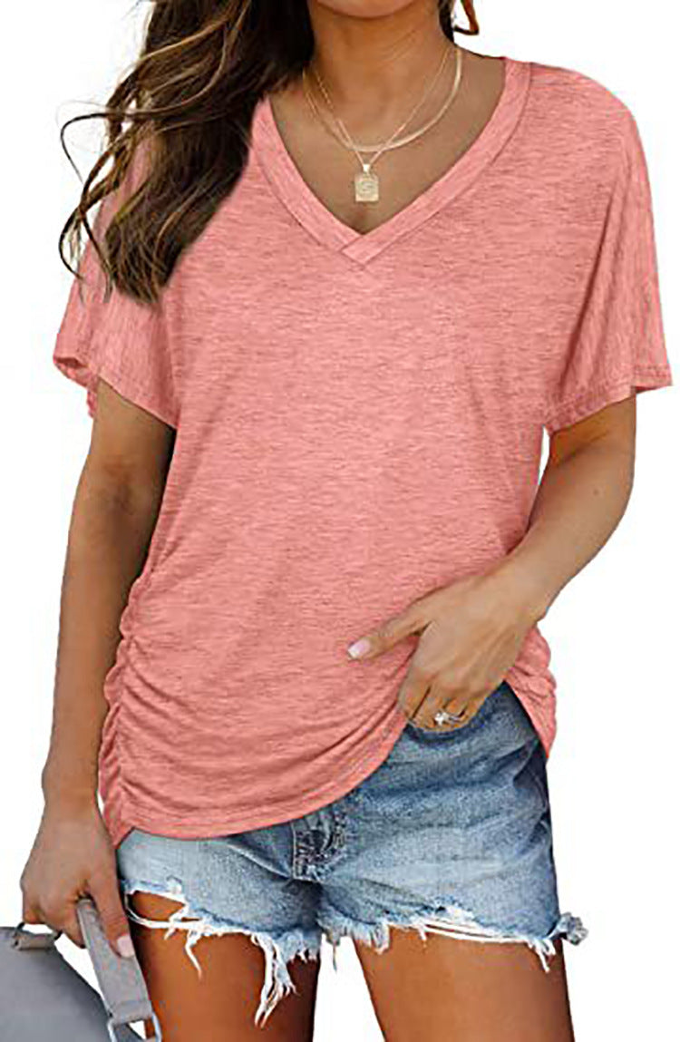 European And American T-shirt Solid Color Casual Loose-fitting V-neck Top - Chic Angle
