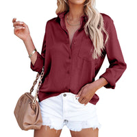 Satin Long Sleeve V Neck Office Business Shirt Women
