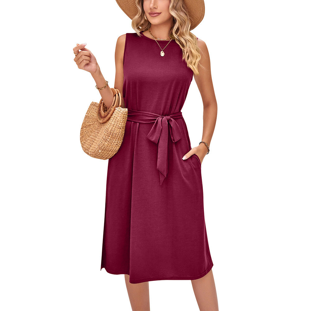 Summer Casual Sleeveless Vest Belt Midi Dress
