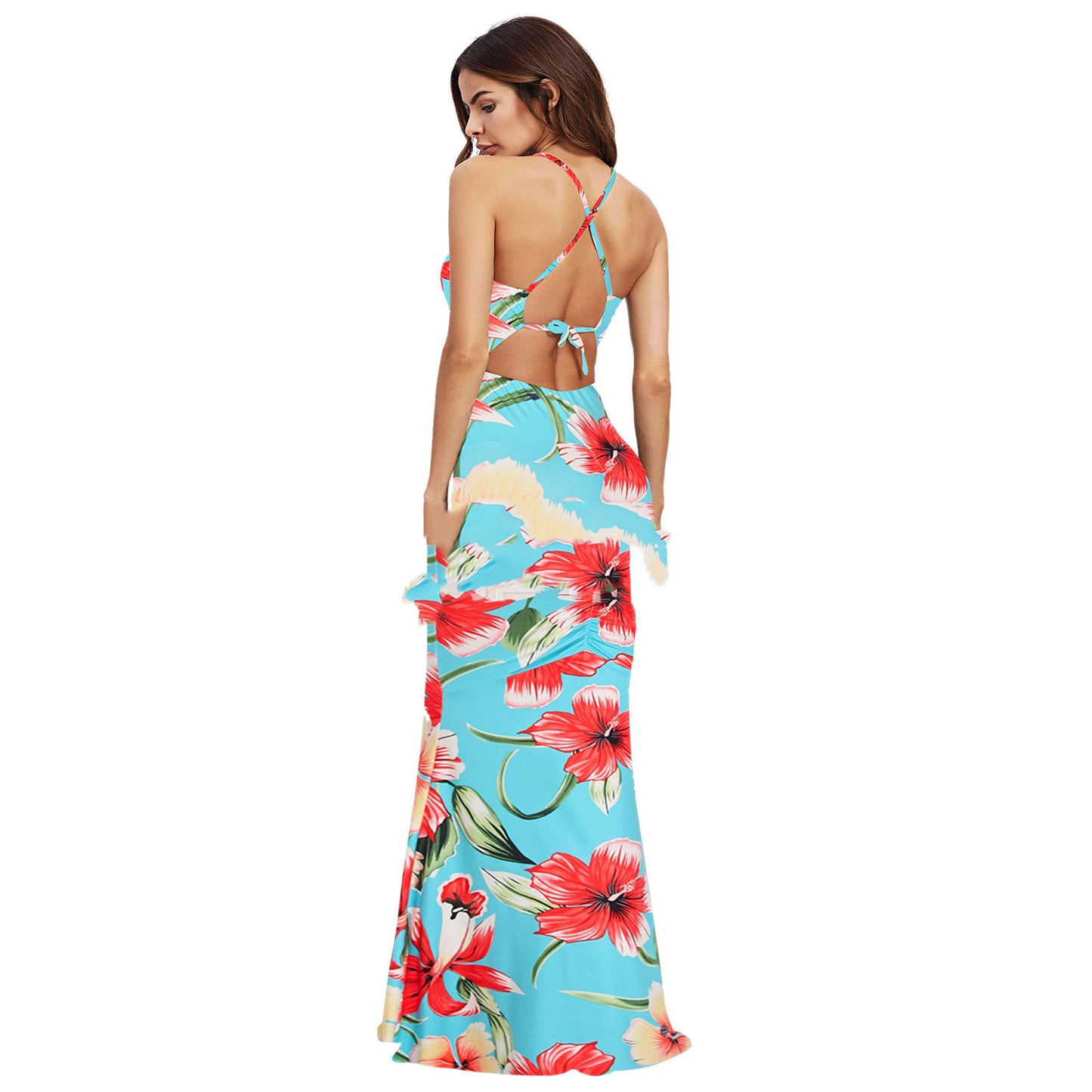 Women's Corset Milk Silk Maxi Suspender Print Dress