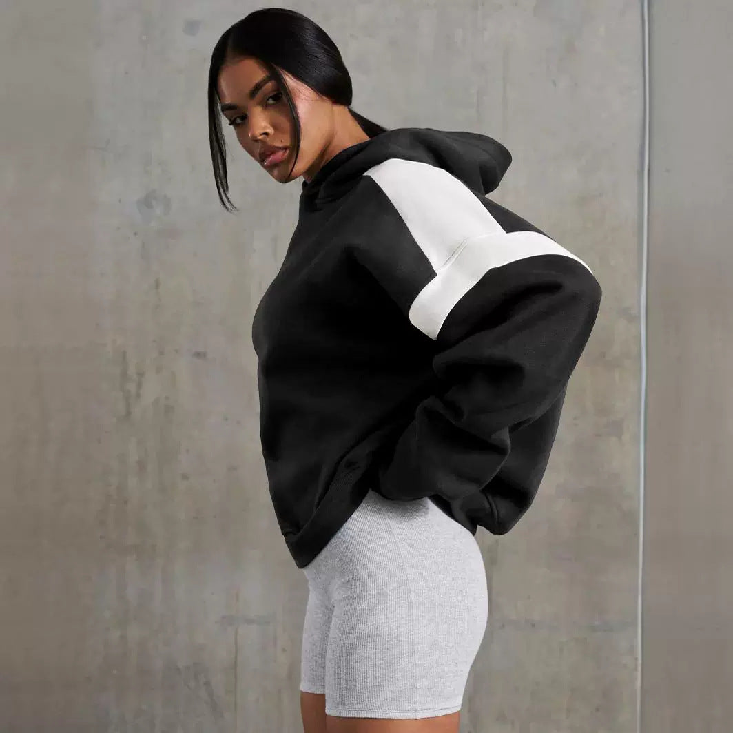 Contrast Color Drop Shoulder Women's Hooded Sweater