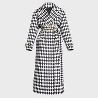 Black And White Diamond Grid Belt Long Trench Coat