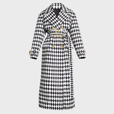 Black And White Diamond Grid Belt Long Trench Coat