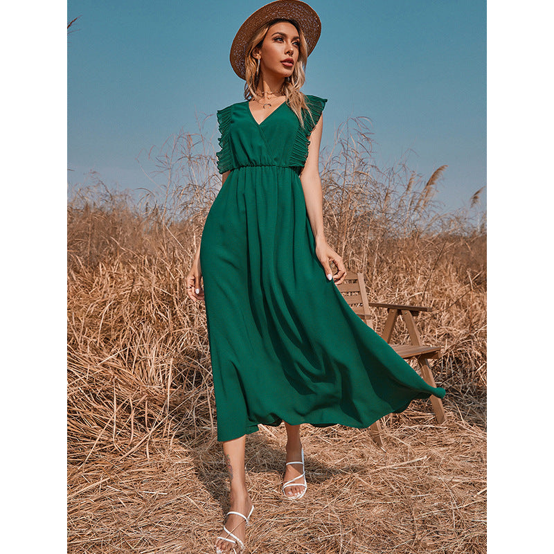 Solid Color V-neck Maxi Dress