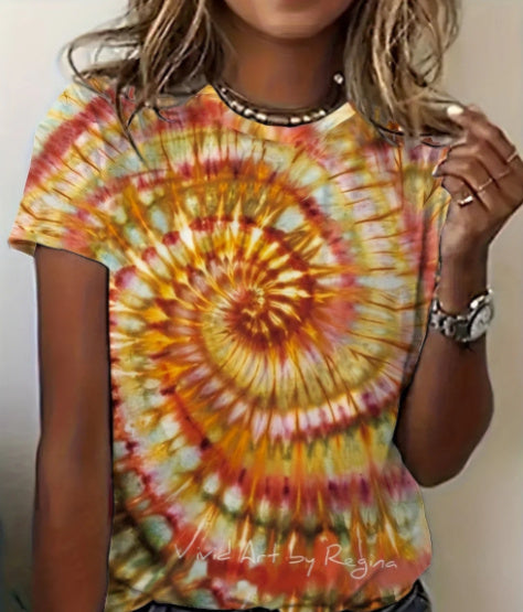 Round Neck Women's Cotton-like Short-sleeved Tie-dye T-shirt - Chic Angle