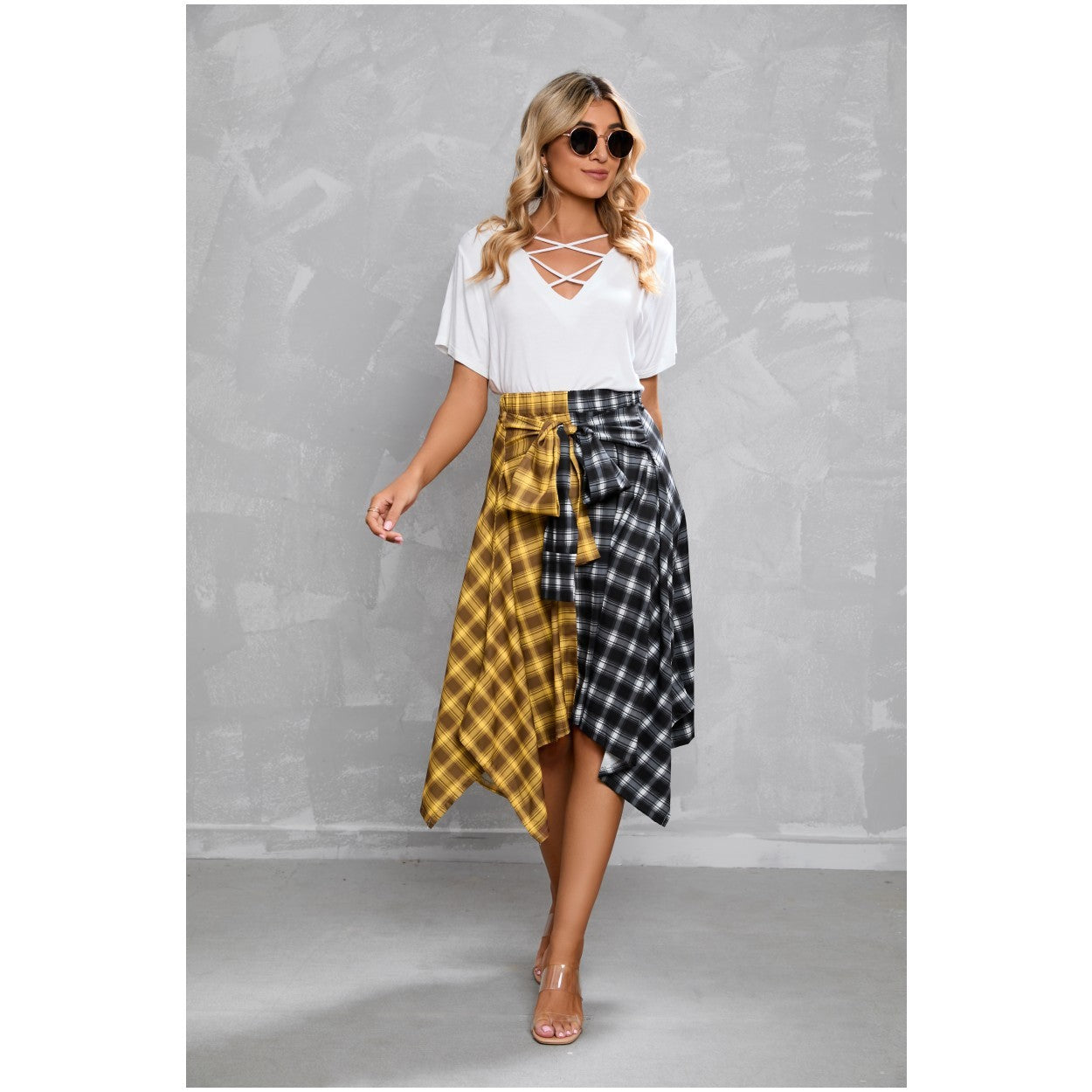 Elegant Irregular Lace-Up Check Midi Skirt