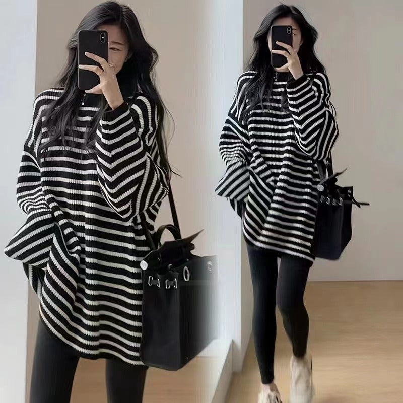 Casual Striped Round Neck Lazy Pullover Loose Retro Simple