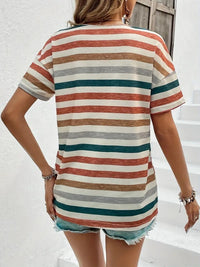 Women's Striped Fashionable Round Neck Short Sleeved T-shirt - Chic Angle