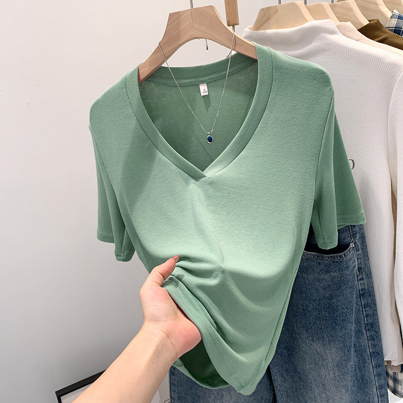V-neck Shoulder Short-sleeved T-shirt Women's Fashion Small Top