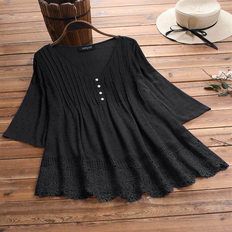 Women's Jacquard Pleated Lace Hollow Out V-neck Shirt - Chic Angle
