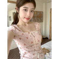 Women's Summer Slim Fit Niche Chic Square Collar Short Sleeve T-shirt Top - Chic Angle
