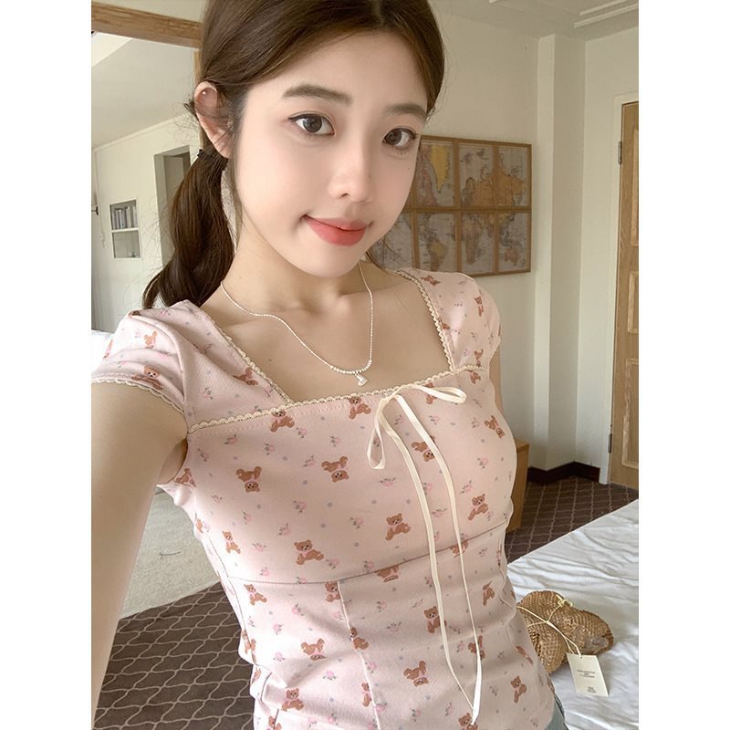 Women's Summer Slim Fit Niche Chic Square Collar Short Sleeve T-shirt Top - Chic Angle