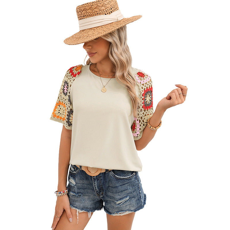 Casual All-match Crocheted Short-sleeved Top - Chic Angle