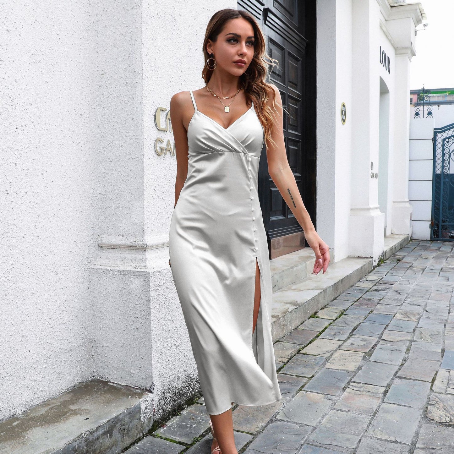 Women's Breasted Satin V-neck Backless Midi Dress