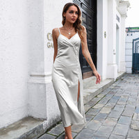 Women's Breasted Satin V-neck Backless Midi Dress