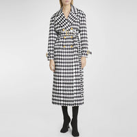 Black And White Diamond Grid Belt Long Trench Coat