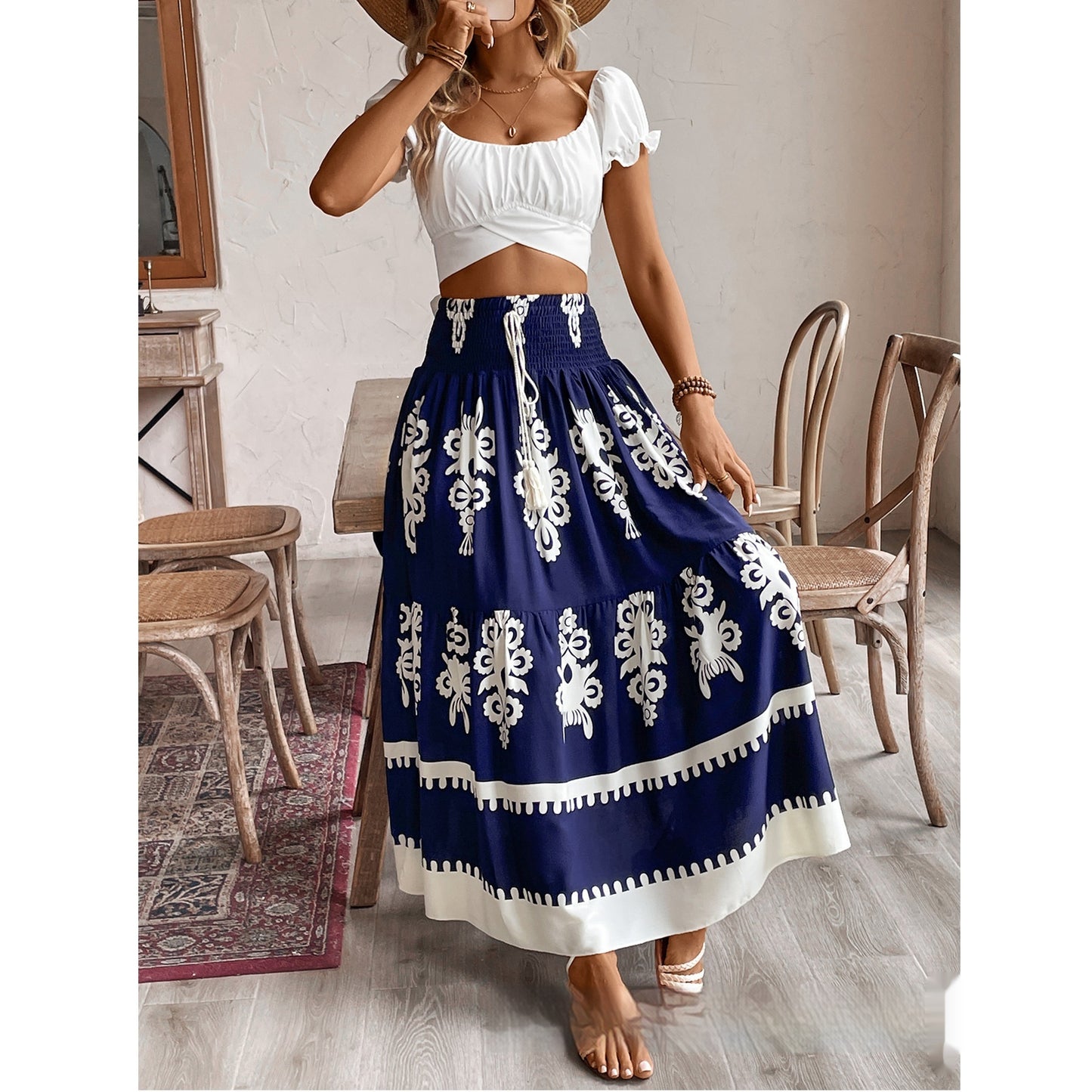 Leisure Commute All-match Ethnic Style Positioning Printed Waist Smocking Skirt