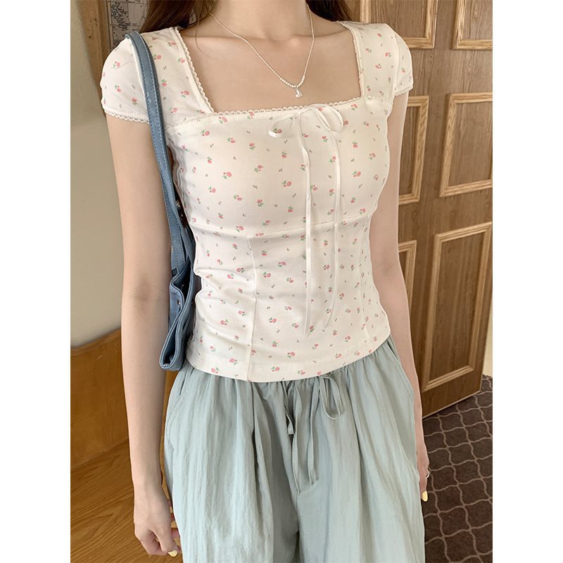 Women's Summer Slim Fit Niche Chic Square Collar Short Sleeve T-shirt Top - Chic Angle