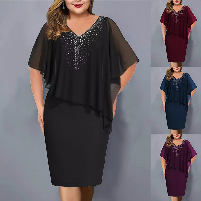 Women's Clothing V-neck One-step Chiffon Shawl Hot Rhinestone Dress