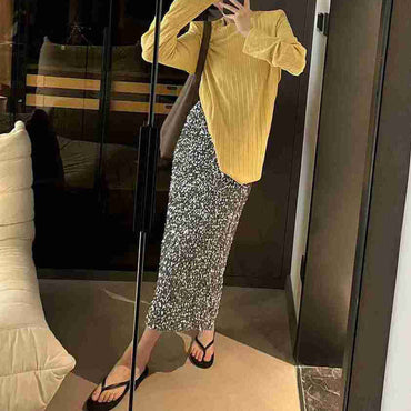 High Waist Sequined Straight Skirt