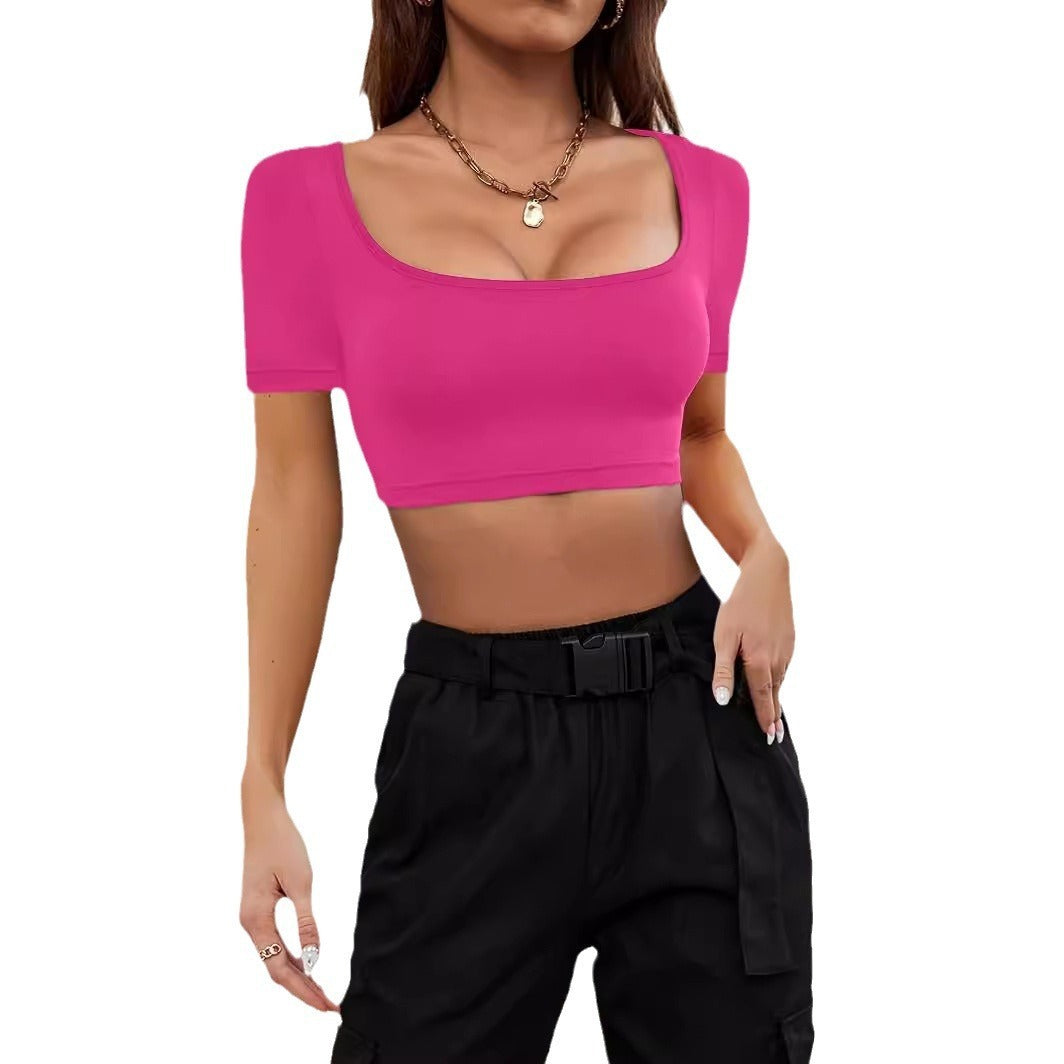 Summer Sports Casual Women's Cropped Knitted High Elastic T-shirt - Chic Angle