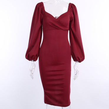 Sexy low-cut midi skirt fluffy sleeve dress