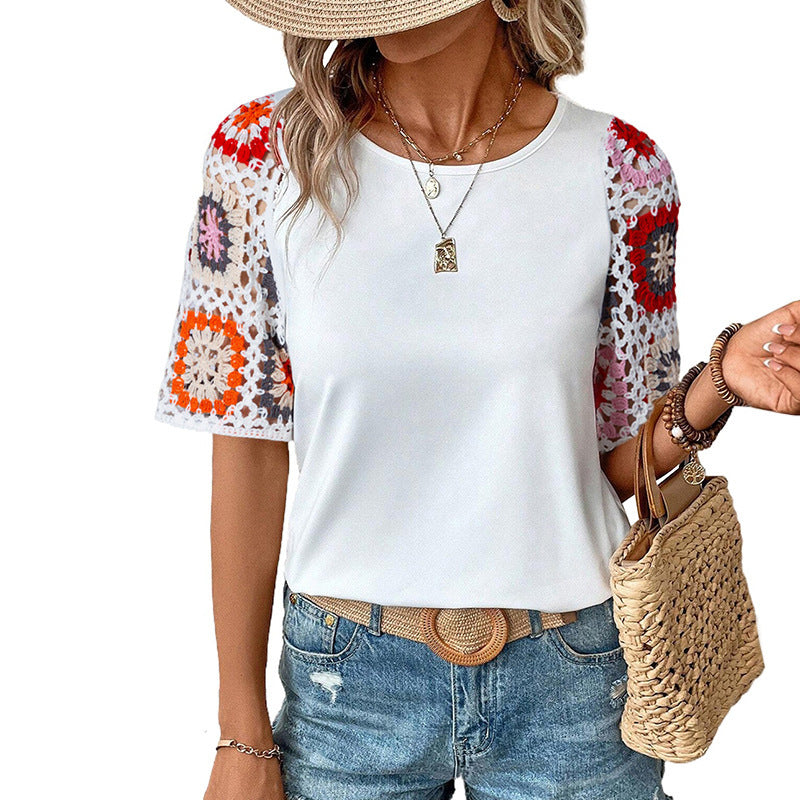 Casual All-match Crocheted Short-sleeved Top - Chic Angle