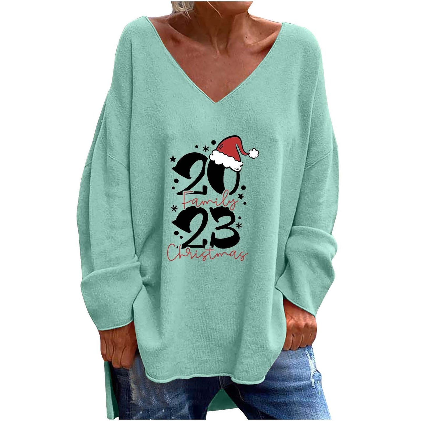 Women's Solid Color And V-neck Loose Casual Long Sleeves Top