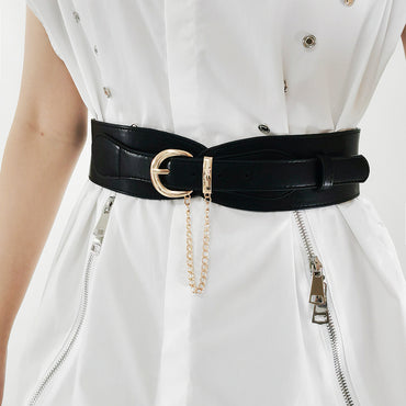 Vintage Women's Belt Black High-grade Metal Chain Pin Buckle Dress Shirt Simple Restraint Waist Wide Waist Seal