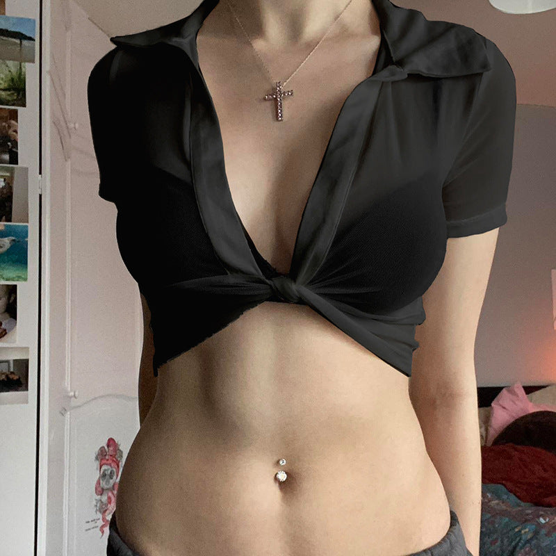 Chiffon See-through Light Lapel Deep V Twisted Super Short Navel Personality Hot Girl Pullover Shirt For Women - Chic Angle