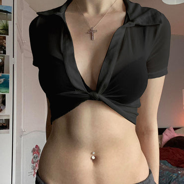 Chiffon See-through Light Lapel Deep V Twisted Super Short Navel Personality Hot Girl Pullover Shirt For Women - Chic Angle
