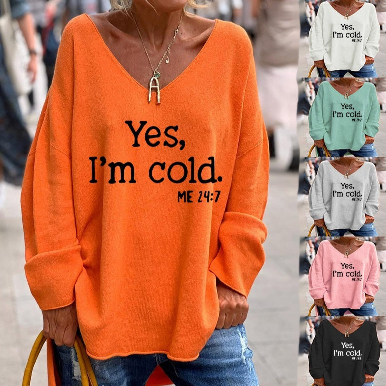 Women's Solid Color And V-neck Loose Casual Long Sleeves Top