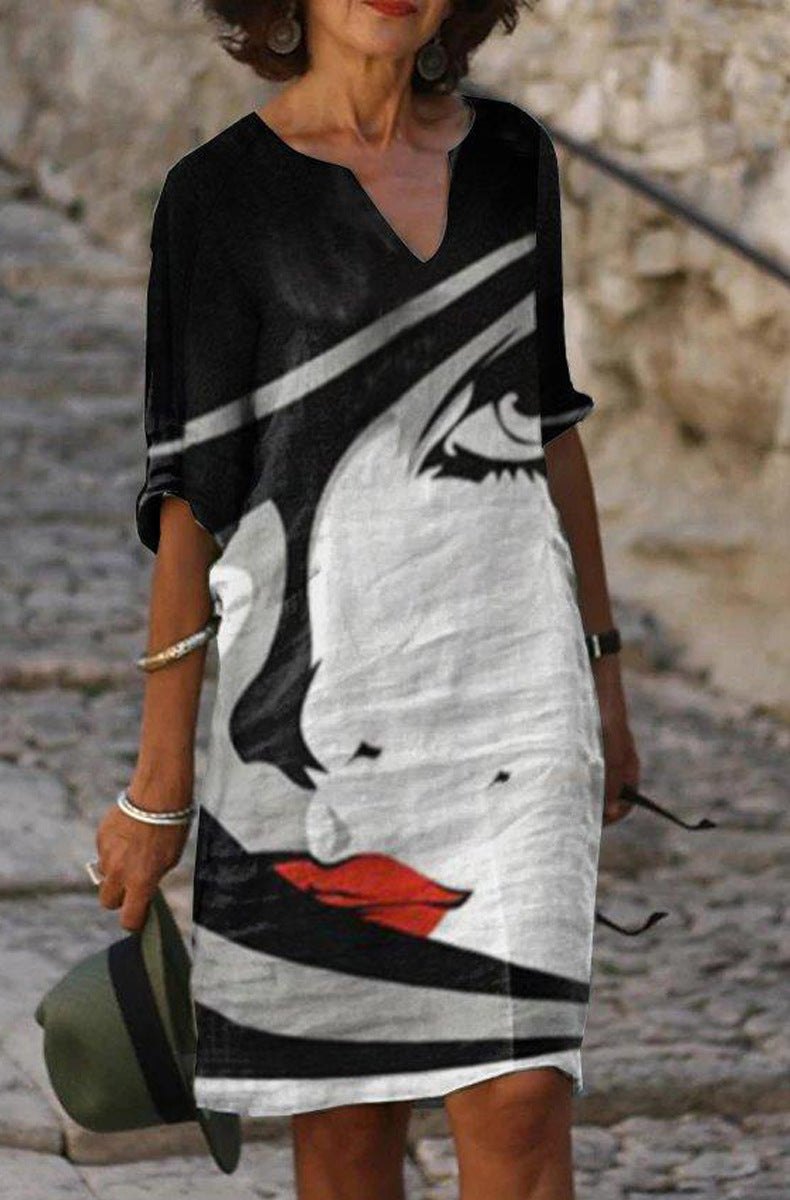 Printed V Neck Half Sleeve Multicolor Midi Dress