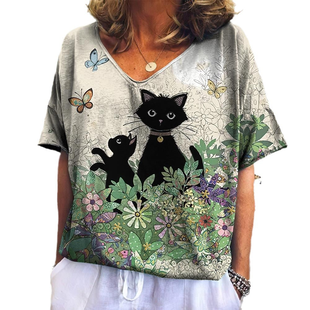 Cat Printing Short Sleeve - Chic Angle