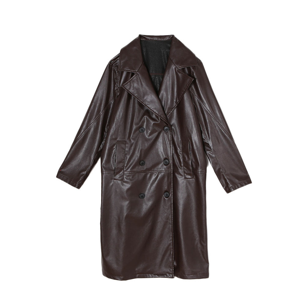 Retro Coat Women's Long Temperament PU Leather Jacket