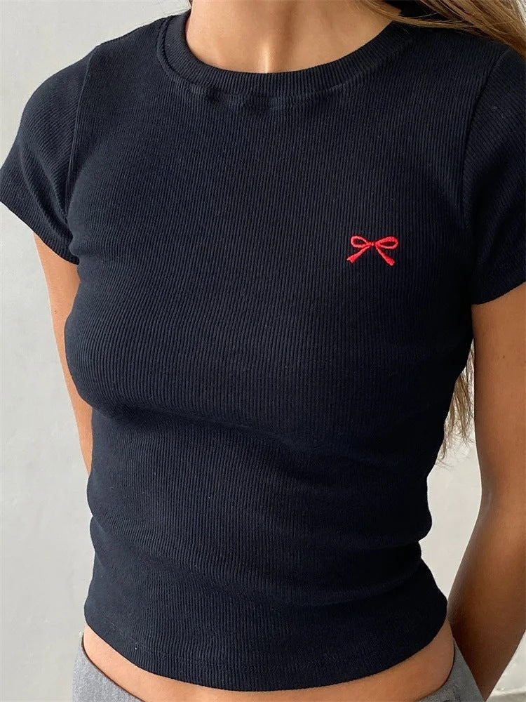 Round Neck Pullover Short Sleeve Butterfly Exquisite Embroidered Top - Chic Angle