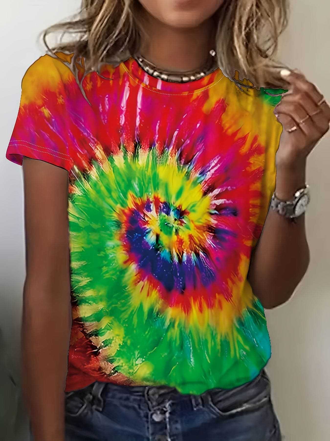 Round Neck Women's Cotton-like Short-sleeved Tie-dye T-shirt - Chic Angle