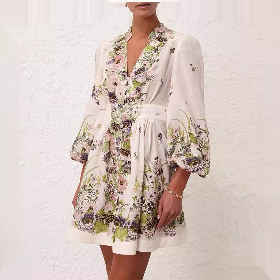 Australian Design Lantern Sleeve Cotton And Linen Temperament Waist-controlled Single-breasted Skirt Vacation Style