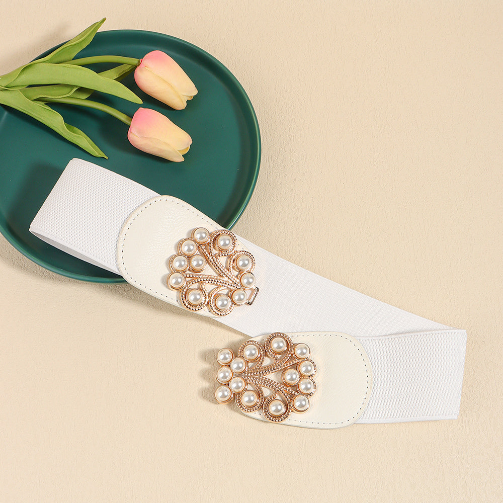 Elegant Ladies Elastic Wide Belt Pearl Metal Buckle Elastic Belt Suit Jacket Dress Multi-colored Belt
