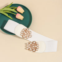 Elegant Ladies Elastic Wide Belt Pearl Metal Buckle Elastic Belt Suit Jacket Dress Multi-colored Belt