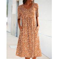 Round Neck Short Sleeve Floral Midi Dress