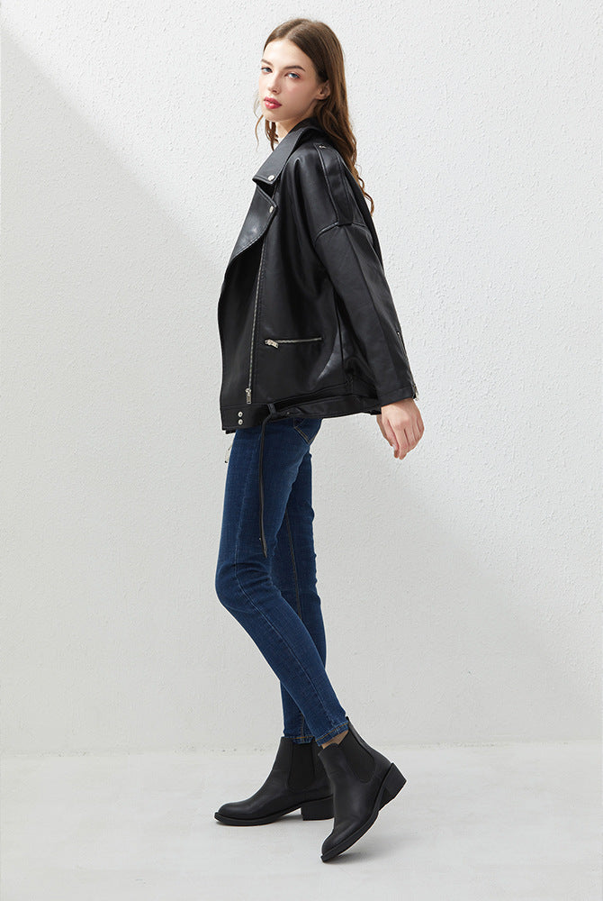 Women Loose Belt Casual Bike Jacket